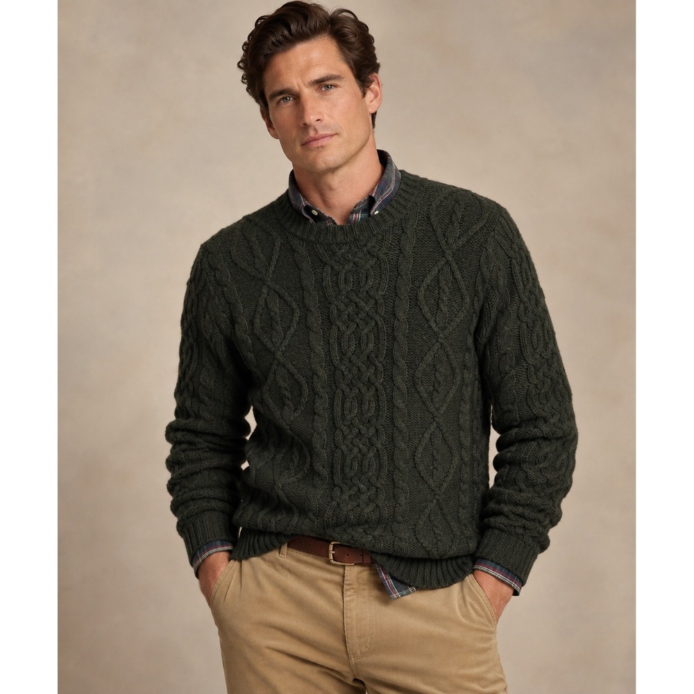 High Sierra Sweater Mens Medium Green Vintage Cable Knit Ramie Wool Fisherman